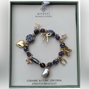 NIB Atterri Gold and Blue Ceramic and CZ Stretch Bracelet